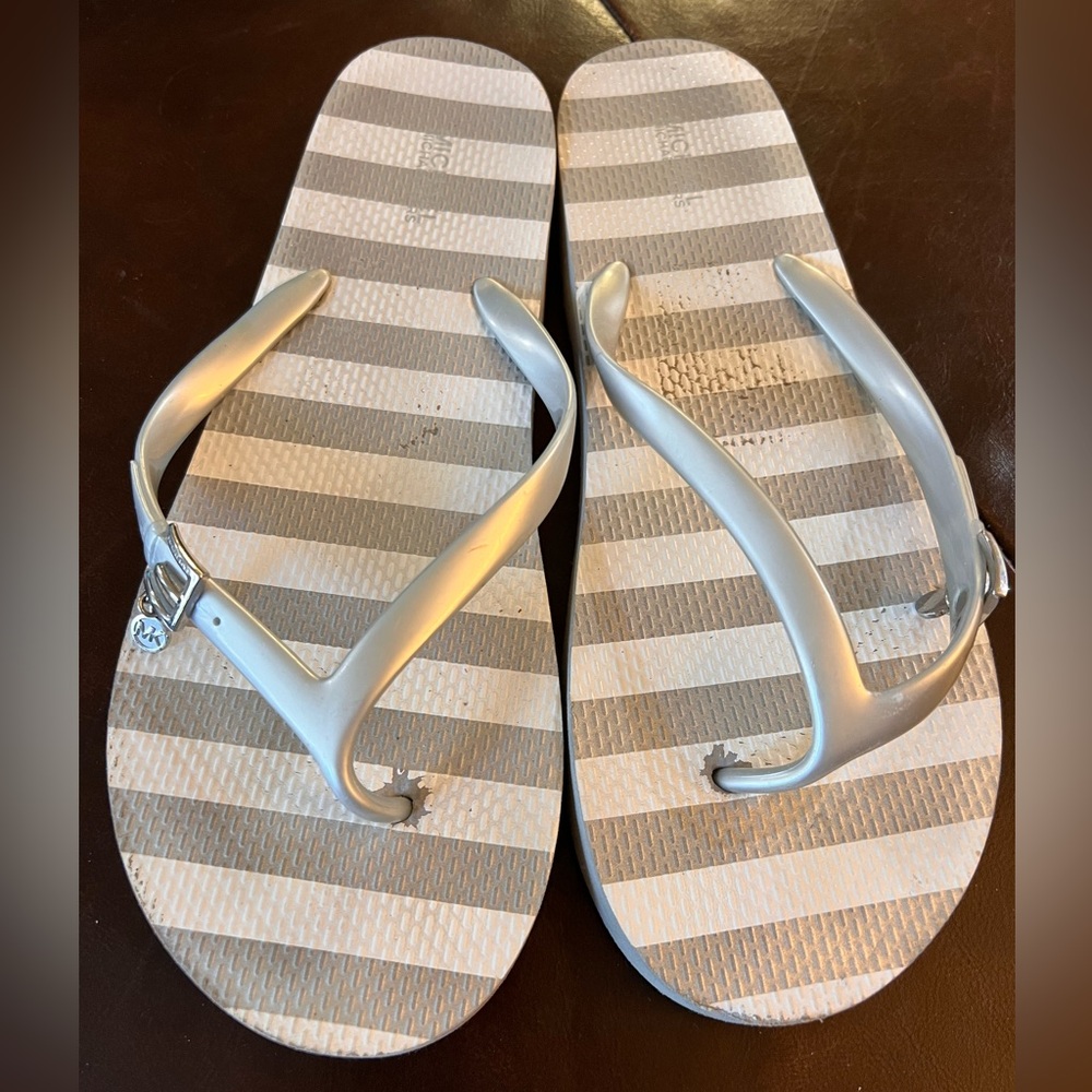 Michael Kors Silver and White Flip Flops